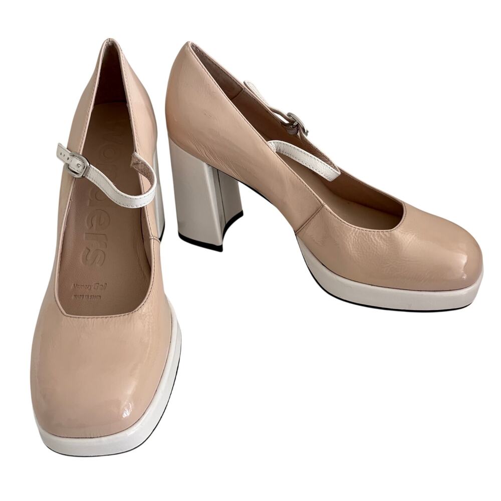 NWT Wonders Spain Two Tone Patent Leather Mary Jane Pumps Block Heel Platform